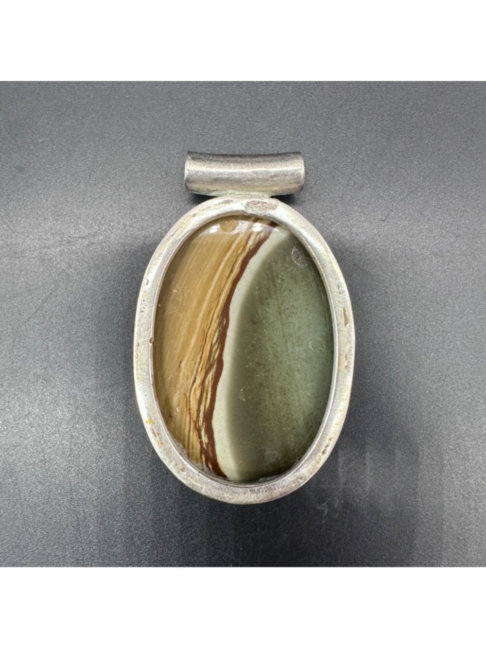 Large Landscape Jasper Pendant Owyhee Beach Ocean Nautical Silver Tone Metal - Picture 5 of 8
